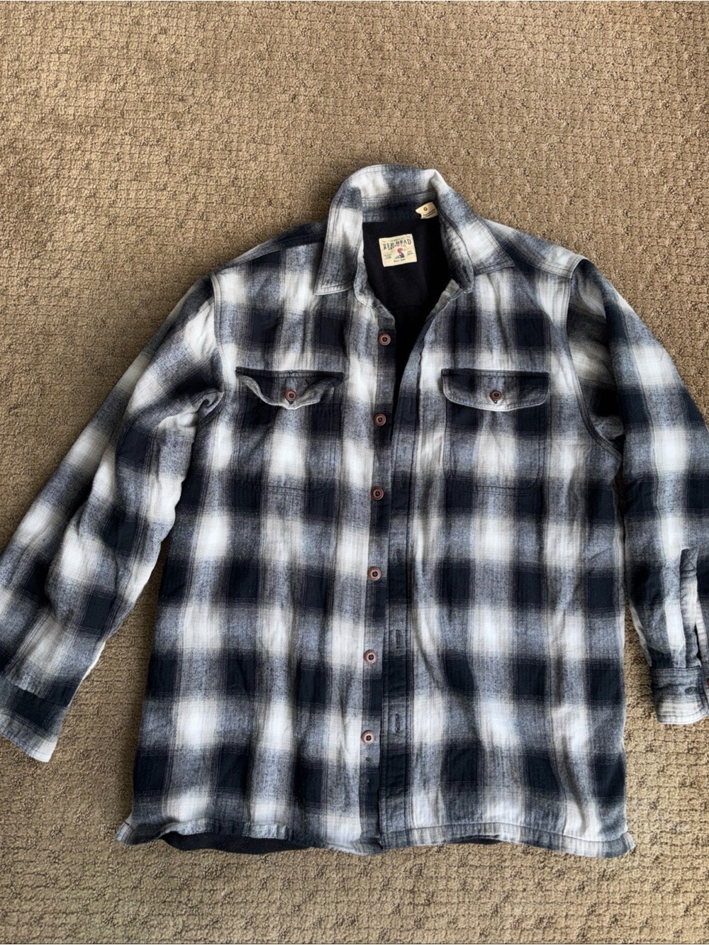 Men's large Plaid Button-Up Shirt Jacket — Black & White lined 100% cotton